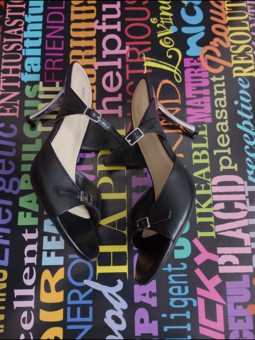 Nine West Black Strappy Chrome Heels!.